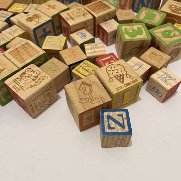 Lot of 73 Wooden Wood Toy Alphabet Letter Number Blocks Colorful Various Sizes - Picture 5 of 6